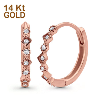 14K Rose Gold Art Deco Round Simulated Cubic Zirconia Huggie Hoop Earrings